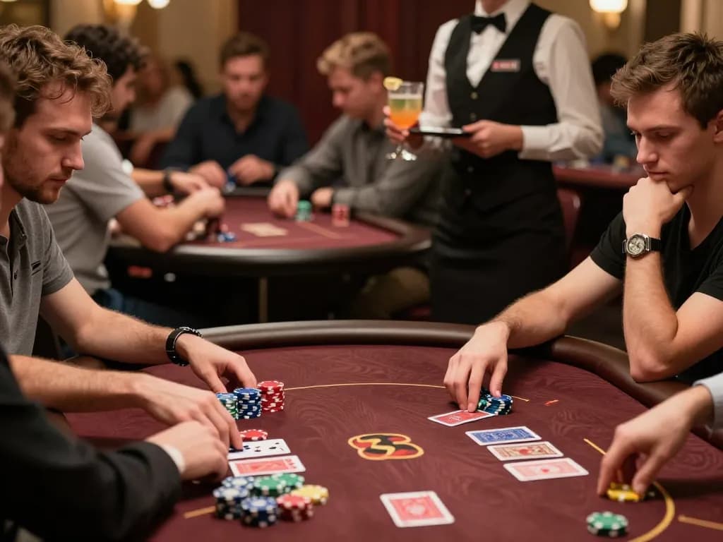 Players strategizing in a high-stakes VK88 poker game at an upscale casino.