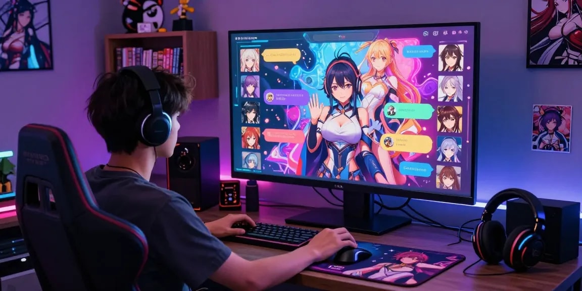 User engaging in hentai AI chat, vibrant digital interface showcasing animated characters and colorful dialogue in a cozy gaming environment.