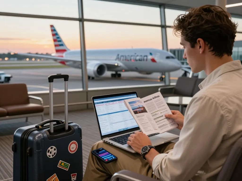 Traveler preparing for a flight on the American Airlines 789P in an airport lounge.