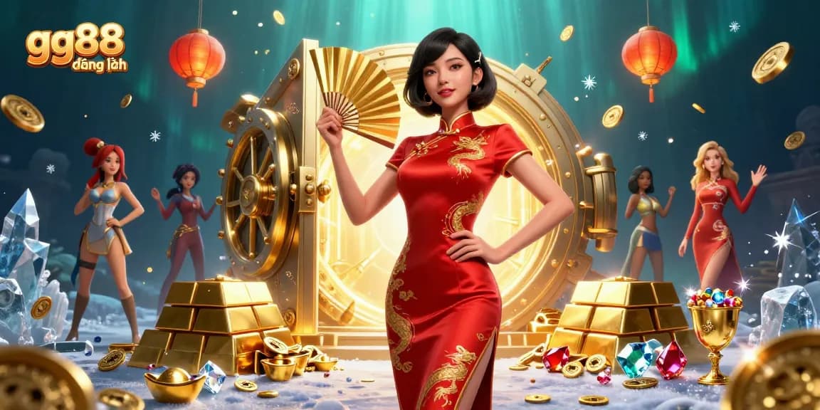 Experience thrilling wins on gg88 đăng nhập with an elegant Asian woman in a crimson dress, surrounded by treasure and casino elements.