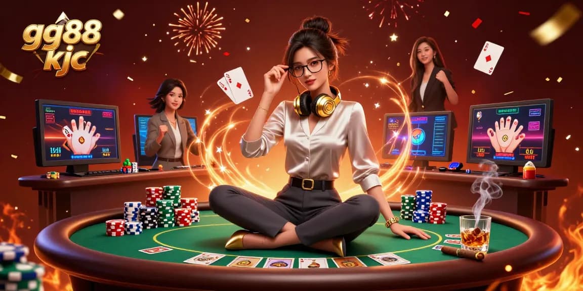 Experience exhilarating moments with gg88 kjc at a vibrant poker setup featuring an elegant gamer.