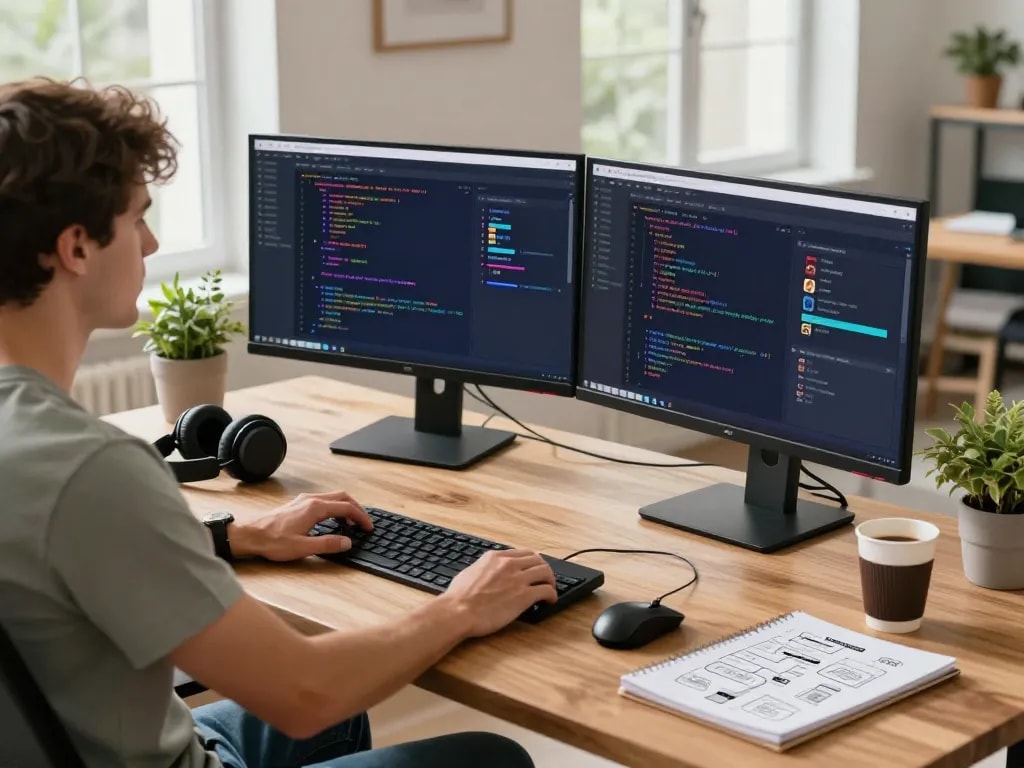 Developer engaged with juicy ai applications in a modern workspace, showcasing coding and interaction design.