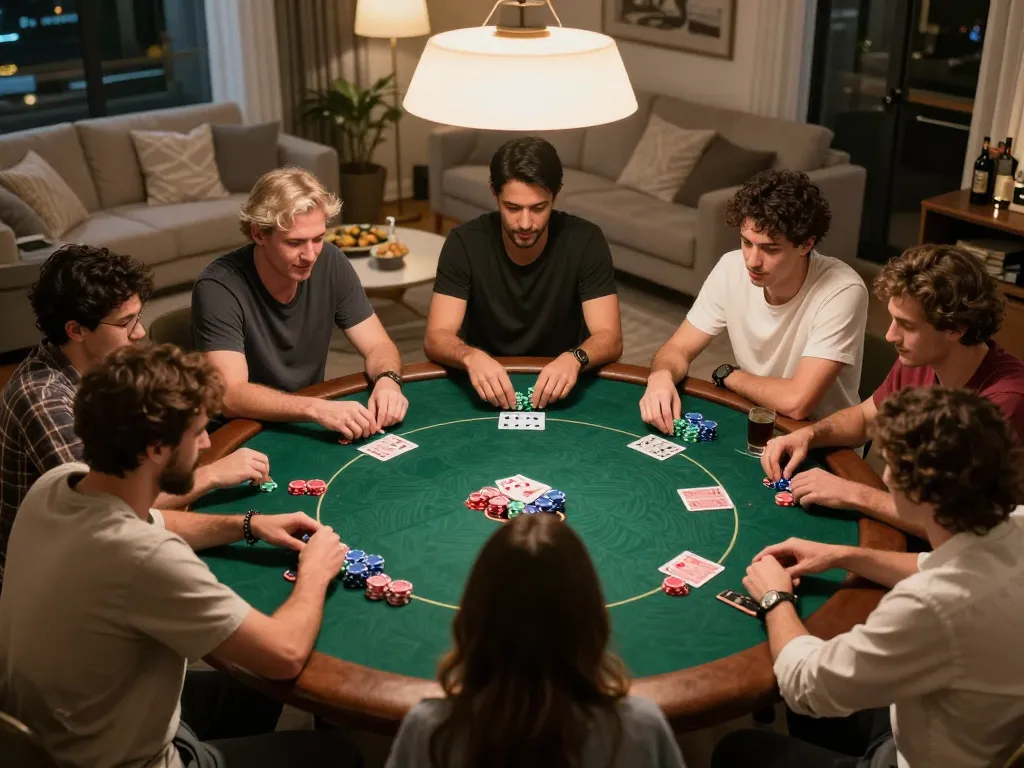 Engaged players strategizing during a competitive XX88 home poker game with chips and drinks.