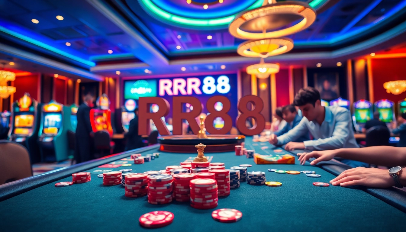 Experience the thrill of RR88 with vibrant casino tables, cards, and slot machines.