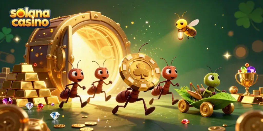 Experience the thrill at a solana casino with cartoon ants in a heist scene featuring golden poker chips.