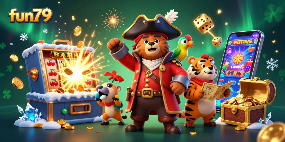 Engage with fun79's thrilling jackpot features illustrated through dynamic 3D characters and casino elements.