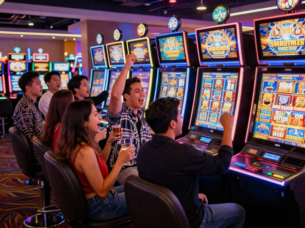 Exciting scene of players winning at a slot gacor machine in a vibrant casino