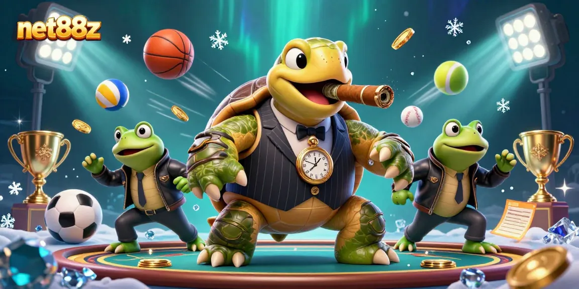 Experience excitement with net88z in a vibrant, action-packed casino scene featuring unique characters and sports elements.