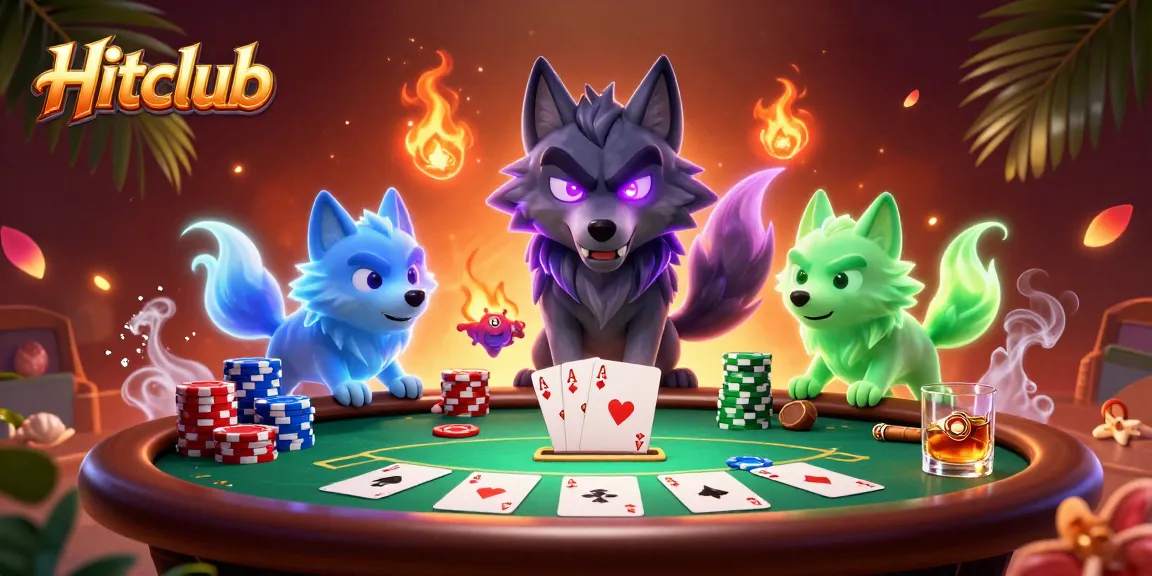 Experience the thrill of Hitclub with intense poker action and ghostly wolves in a vibrant scene.