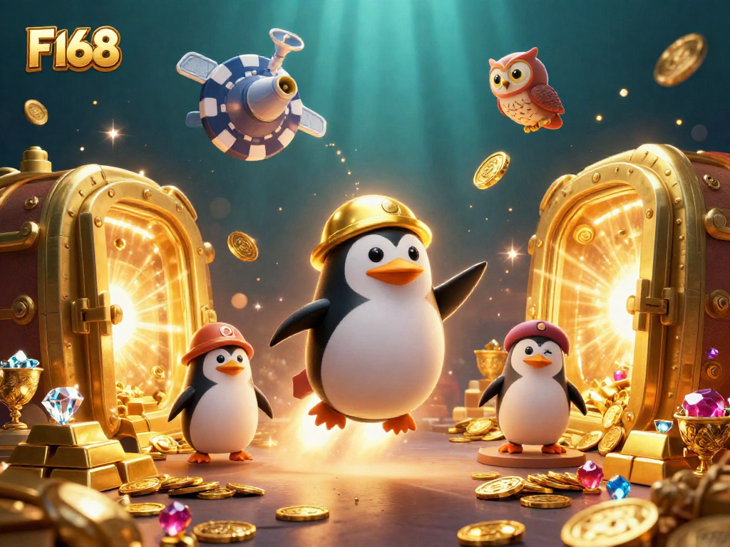 Experience the thrilling action of F168 with golden treasures and a rocket-powered penguin!