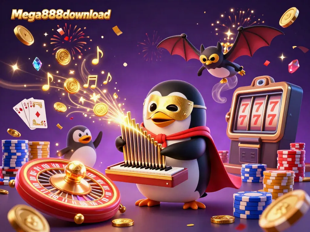 Experience gaming excitement with the engaging mega888download penguin illustration, featuring vibrant casino elements.