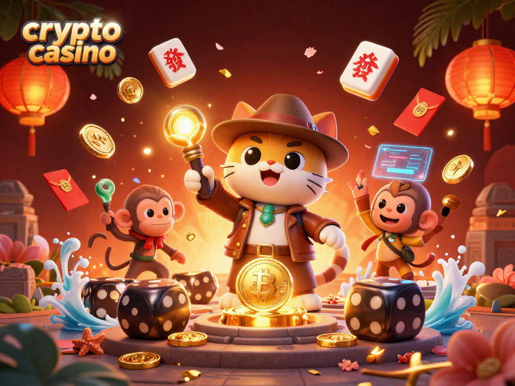 Experience the excitement of a crypto casino adventure with an archaeologist cat and a monkey companion.