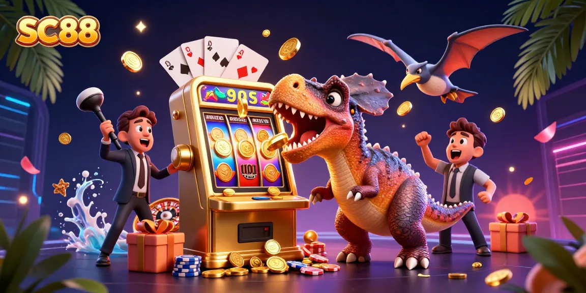 SC88 casino scene featuring dinosaurs and a golden slot machine pouring coins, illustrating excitement in gaming.