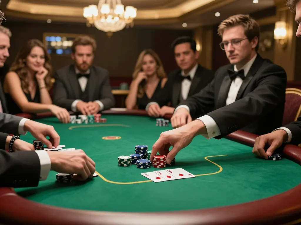 IWIN poker game at an upscale venue with excited players and high stakes, showcasing a winning hand.