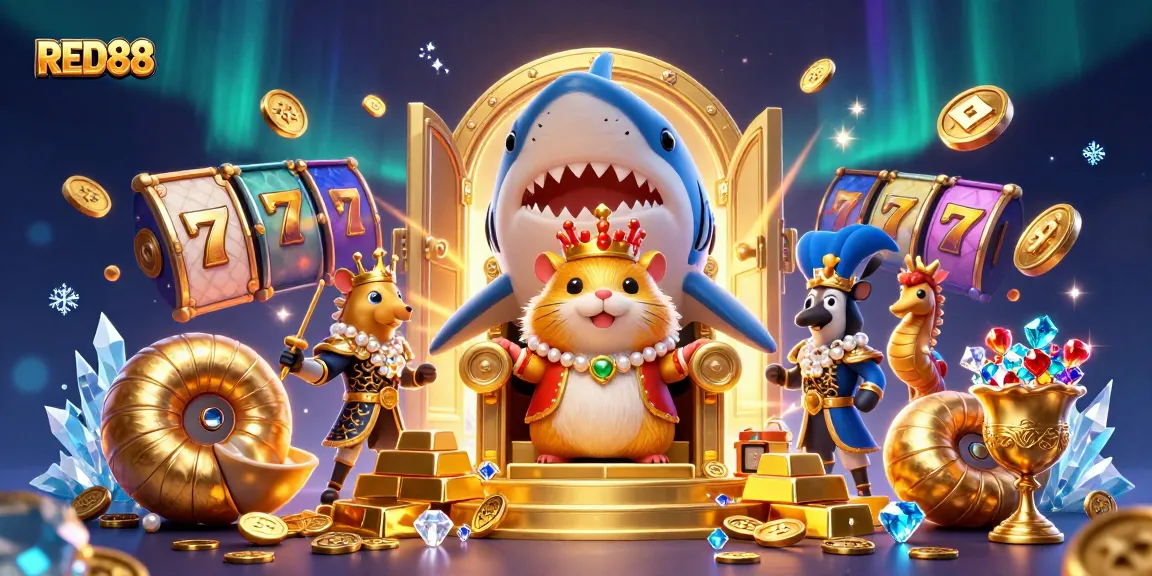 Experience the excitement of RED88 as a fierce golden hamster king rules a treasure-filled 3D casino scene.