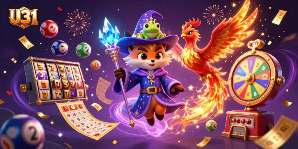 Experience U31's vibrant casino world filled with slots, jackpots, and colorful magical elements.