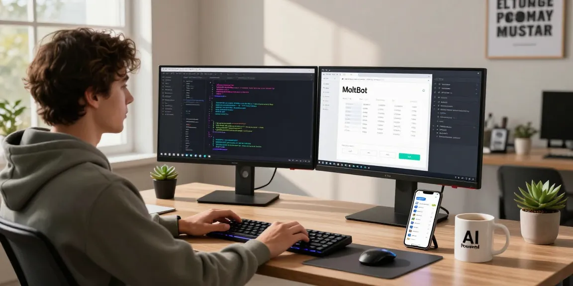 MoltBot personal AI assistant interface displayed on dual monitors in a modern workspace, showcasing productivity and innovative task management.