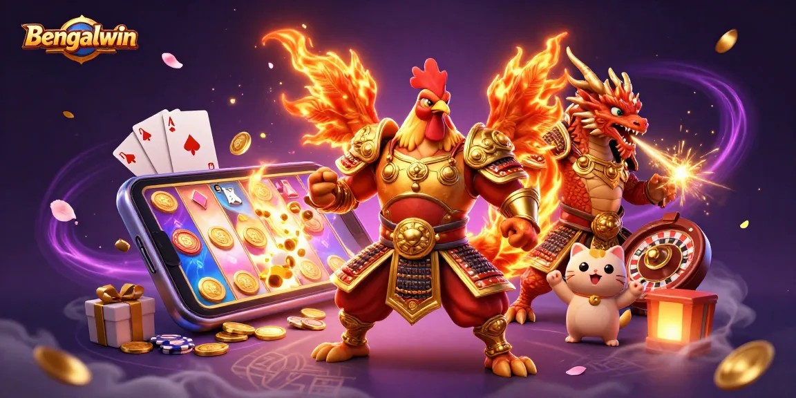 Bengalwin gaming adventure with a cartoon rooster warrior, dragon hatchling, and festive casino elements.