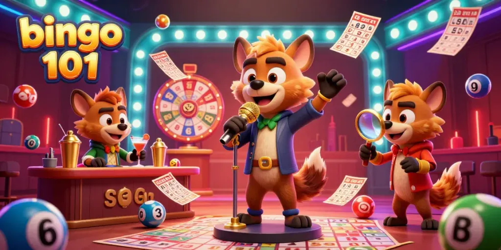 Engaging bingo 101 experience with cartoon hyenas in a lively bingo hall featuring vibrant decorations and competitive play atmosphere.