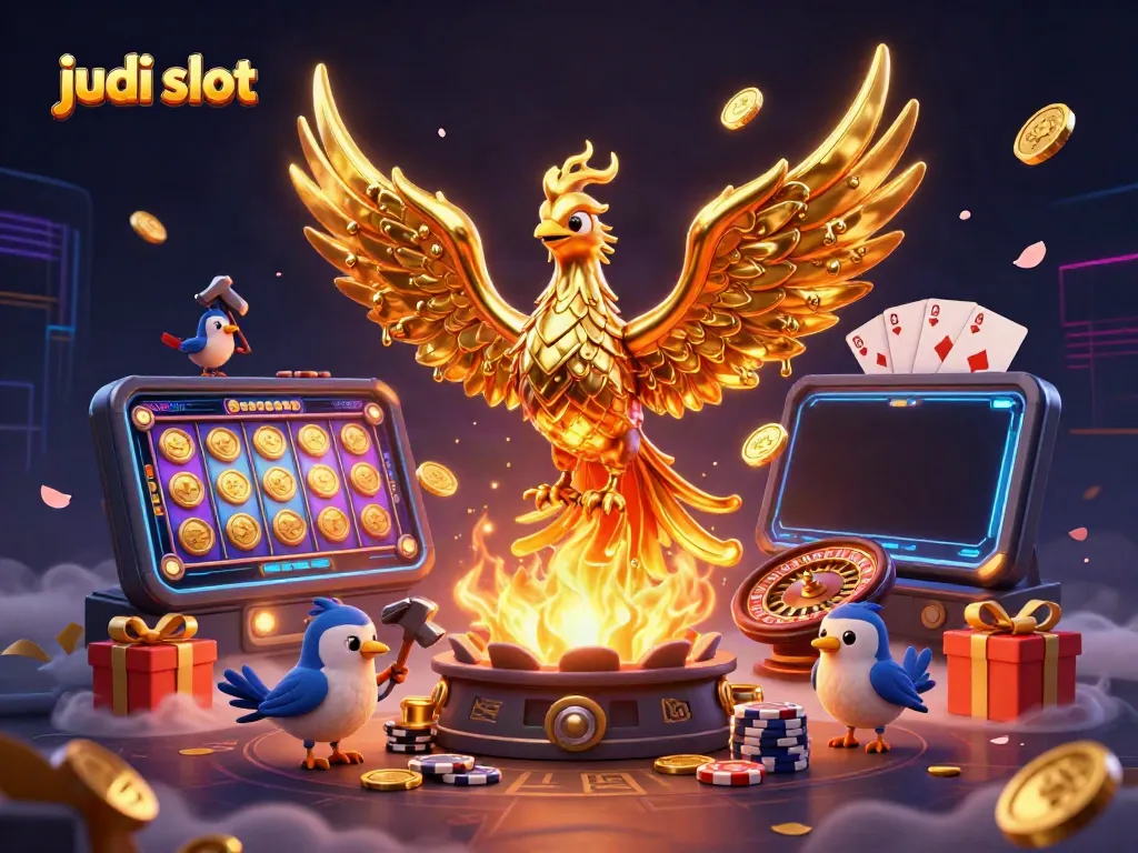 Judi slot yang menggugah semangat dengan karakter utama pemenang dan permainan slot berwarna-warni.
