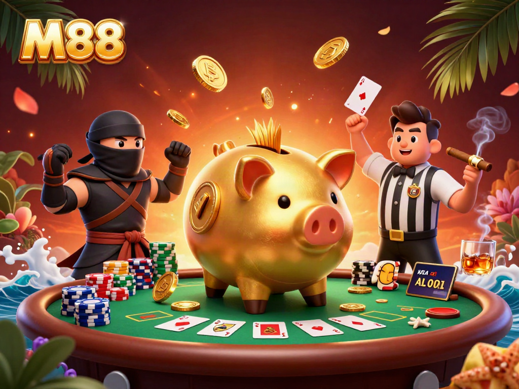 M88 showcases a vibrant casino scene with golden piggy bank sumo wrestler amidst poker chaos.