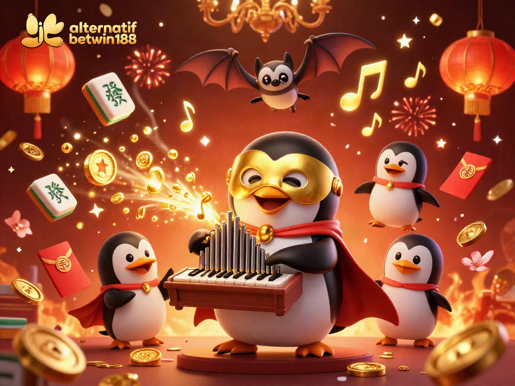 Celebrate with link alternatif betwin188 as the penguin plays music and golden coins fly in a vibrant casino scene.