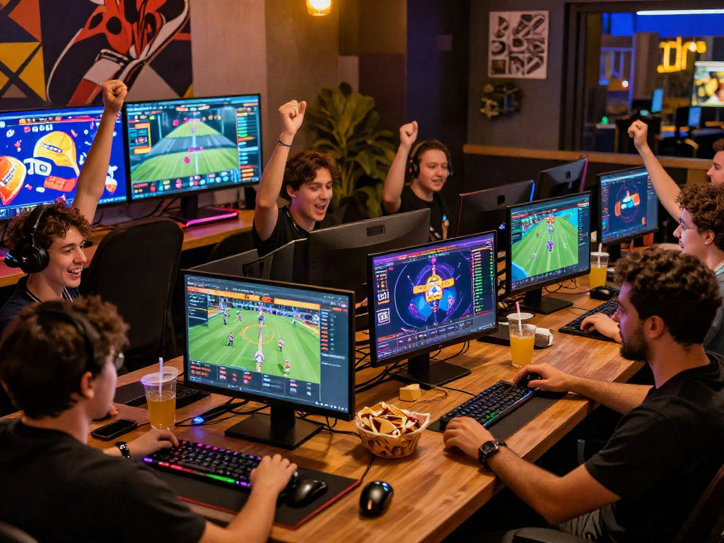 Exciting scene with gamers celebrating Playexch247 wins in a vibrant digital gaming environment.