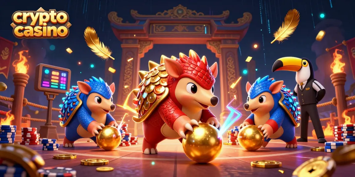 Engaging scene of rival pangolins in a crypto casino setting, rolling golden balls and chips.