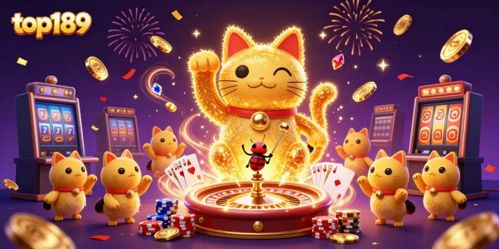Experience the excitement of top189 with a vibrant illustration of a lucky cat and casino symbols.