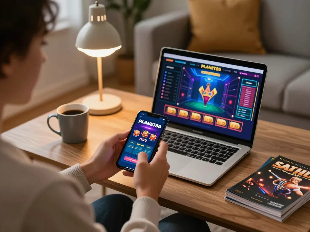 Engaging in responsible gaming with PLANET88 app on smartphone in a cozy home setting.