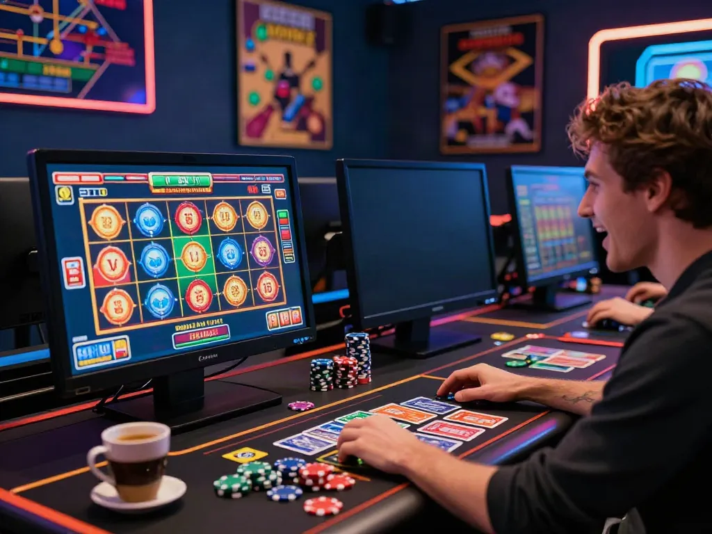 A vibrant online gambling experience showcasing akunjp with an engaged player at a stylish gaming setup.