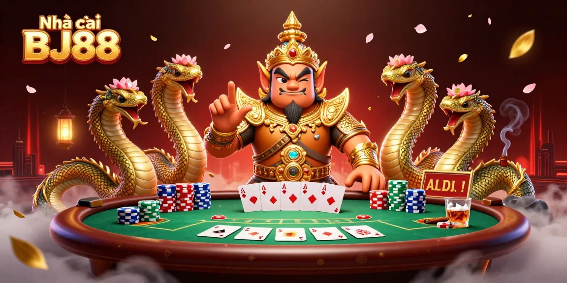 Engage in thrilling poker with Nhà cái BJ88 featuring diverse gaming elements and vibrant characters.