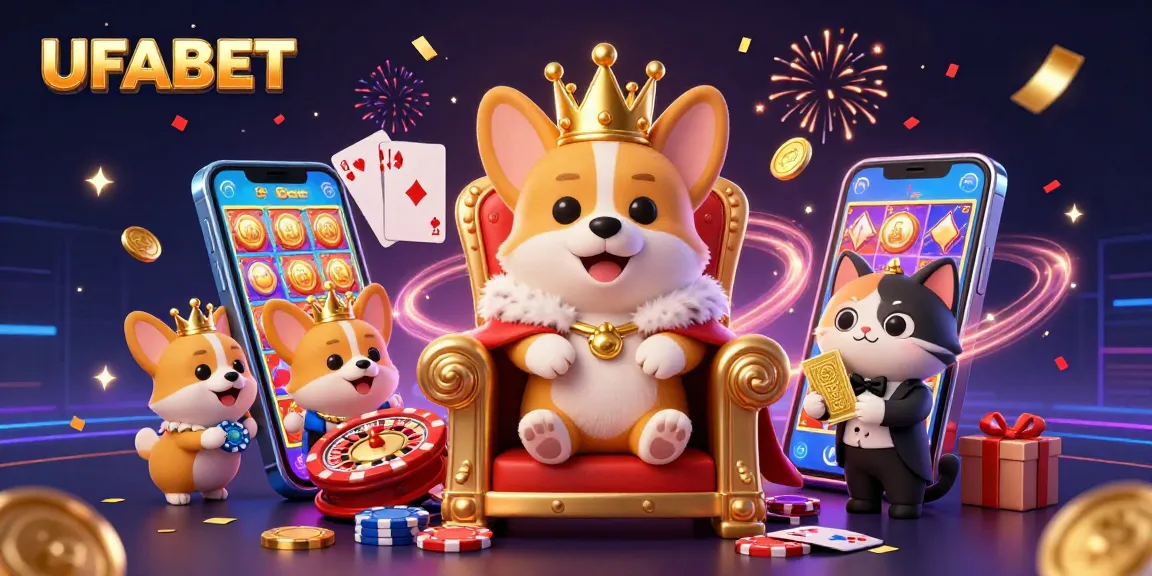 Experience the thrill at UFABET with vibrant casino elements, featuring exciting slot games and dynamic characters.