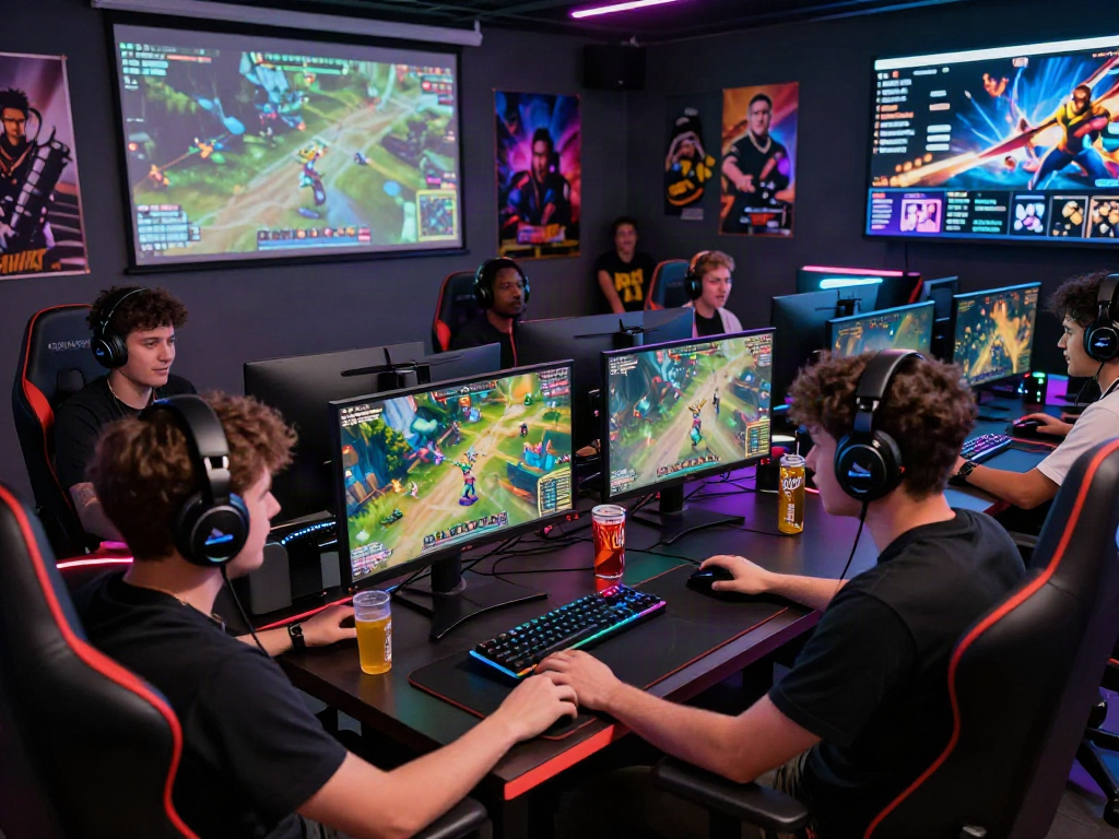 Engaged gamers at https://www.mpocash.net/ playing an intense multiplayer session in a vibrant gaming setup.