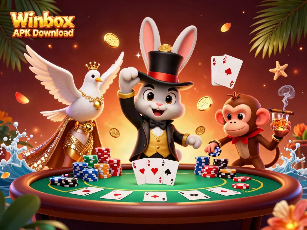 Experience the excitement of Winbox APK Download with a playful magician, dove, and monkey amongst lively casino elements.