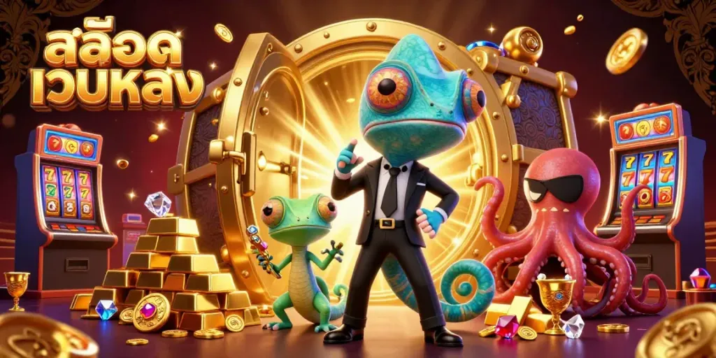 Spin the reels with สล็อตเว็บตรง featuring vibrant characters and treasure in a dazzling casino setting.