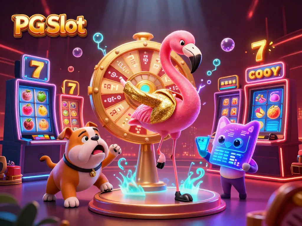 Engage with PG Slot action and prizes in a dynamic 3D casino scene filled with excitement.