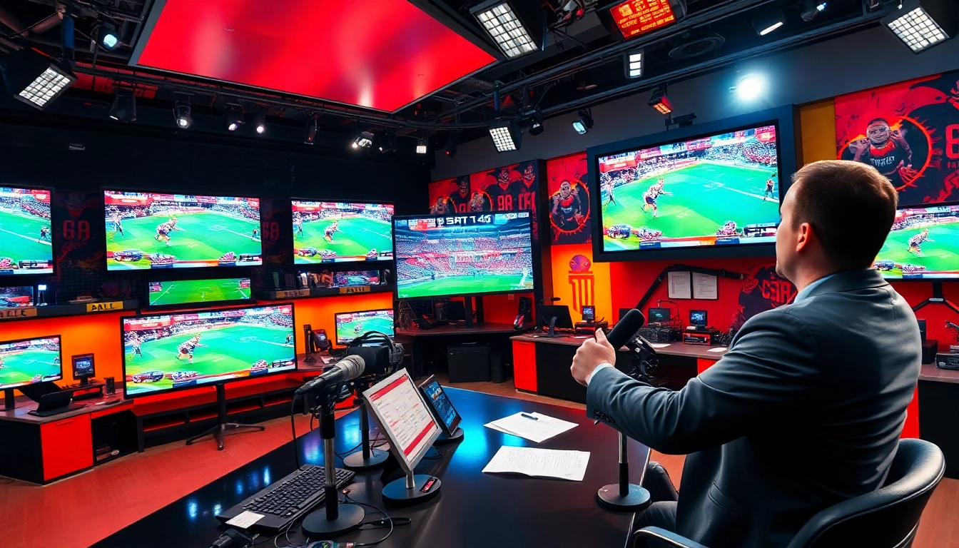 Engaging scene of sports broadcasting with a host and live screens showcasing action-packed sports moments.