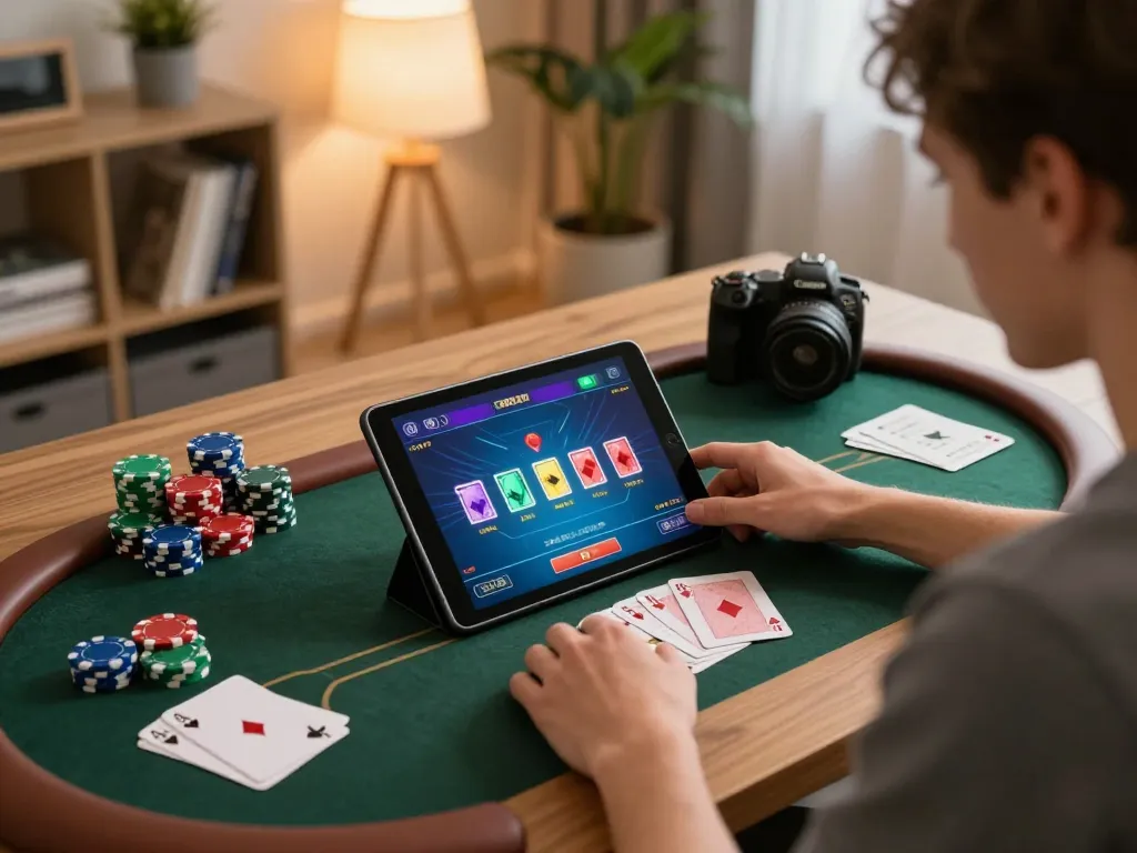 Engaging online gaming scene with SC88 poker setup on tablet, chips, and betting notes