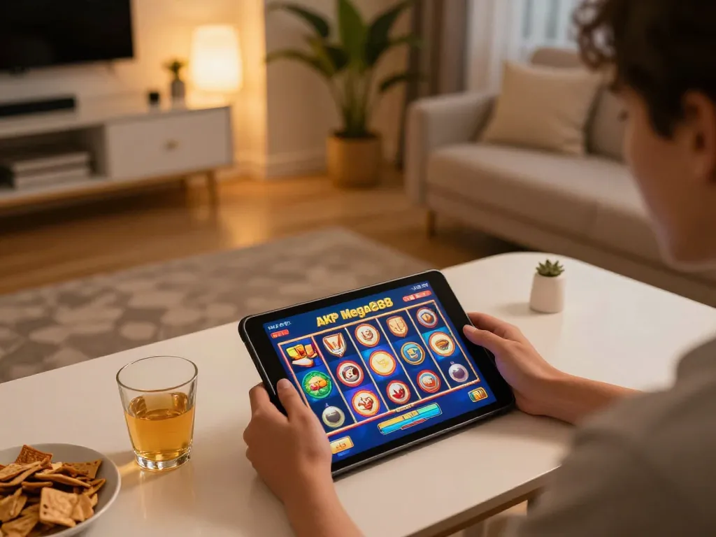Engaging in apk mega888 slot game on a tablet in a cozy home gaming setup with snacks and drinks