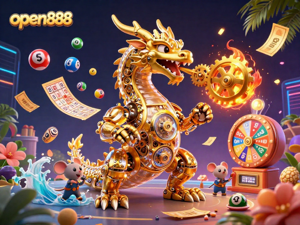 Experience thrilling fun at open888 with vibrant lottery balls and a golden dragon in action.