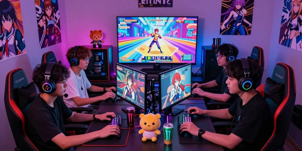 Players enjoying an ecchi game in a dynamic gaming room, showcasing vibrant graphics and anime decor.