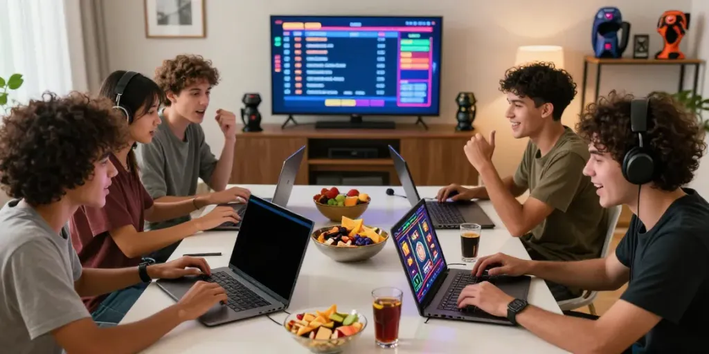 Friends enjoying akunjp slot games in a cozy gaming room atmosphere.