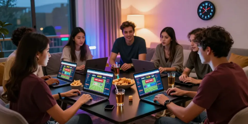 Friends enjoying a thrilling online gambling session at https://xx88.day/ with laptops and snacks.