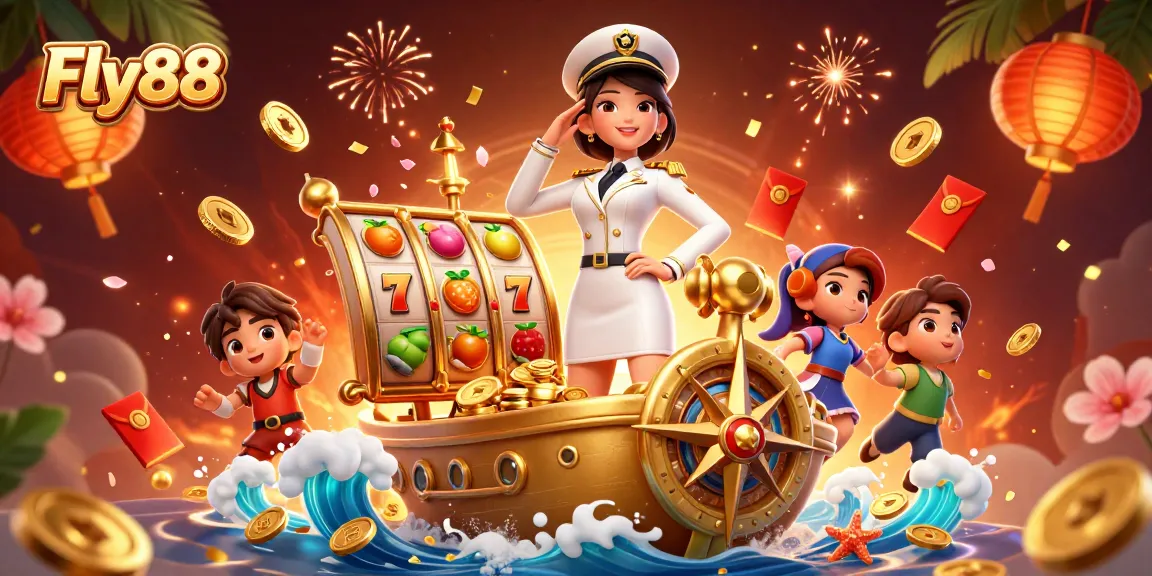 Join the excitement with Fly88 at the 3D casino scene featuring dynamic slot games and majestic elements.