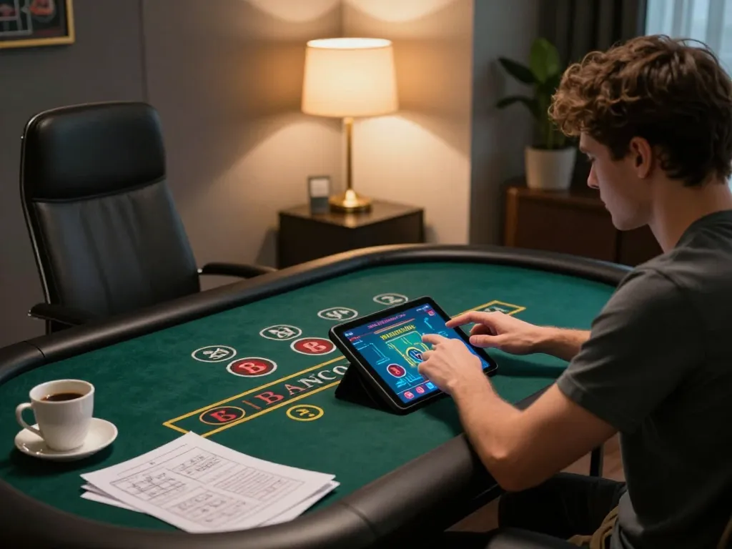 Player engaging with SC 88 Baccarat game on tablet while analyzing strategies in a stylish home office