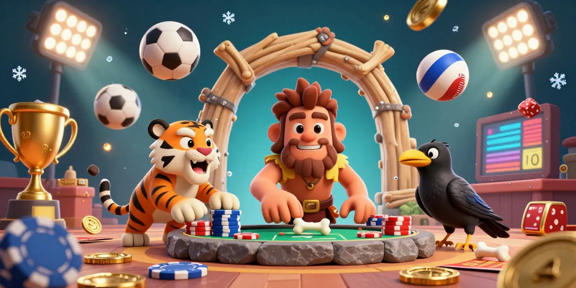 Engaging keonhacai scene with cartoon caveman and tiger running a prehistoric casino filled with sports elements.