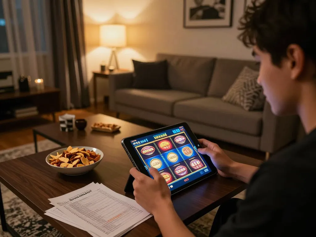 Playing slots on a tablet during a cozy gaming session at home with megaplus88.