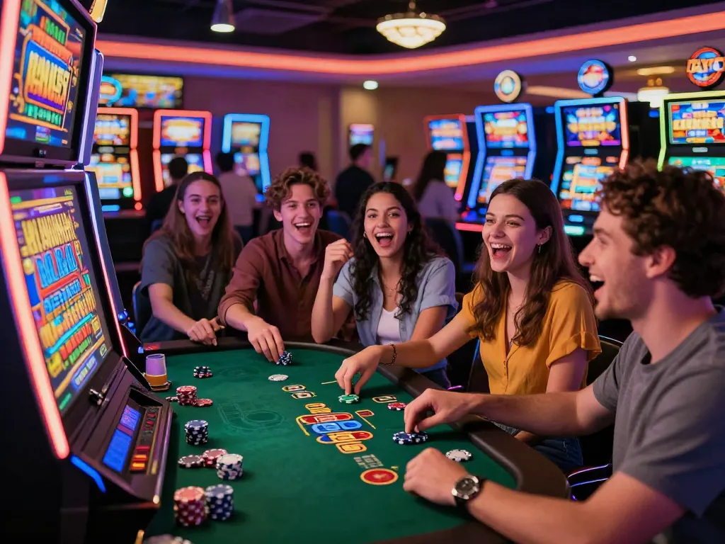 Exciting casino scene featuring friends playing Lucky777 slots with colorful graphics and vibrant atmosphere.