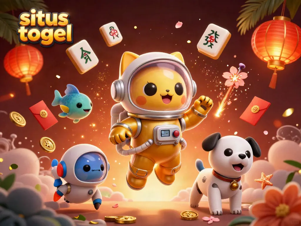 Situs togel game night with an astronaut cat and robot dog amidst festive gaming elements